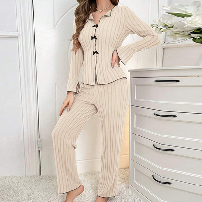 Limited-Time Lowest Price Women's Ribbed Knit Pajamas Sets with Lapel Collar & Bows