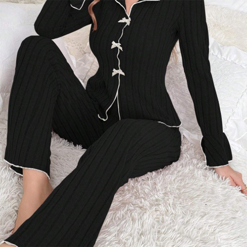 Limited-Time Lowest Price Women's Ribbed Knit Pajamas Sets with Lapel Collar & Bows