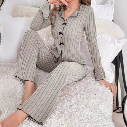 Limited-Time Lowest Price Women's Ribbed Knit Pajamas Sets with Lapel Collar & Bows